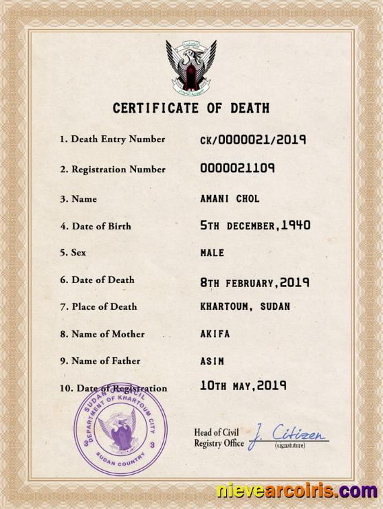 Sudan death certificate